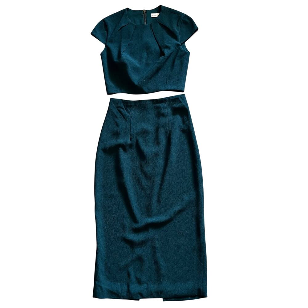 Dress The Population 2 Piece Skirt Set XS Pine Cap Sleeve Crop Top Midi Pencil